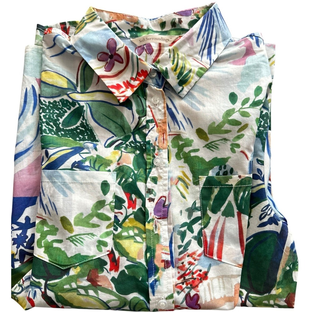 Soft Surroundings Womens XL Button‎ Up Shirt Watercolor Abstract Floral Cotton - Picture 5 of 14